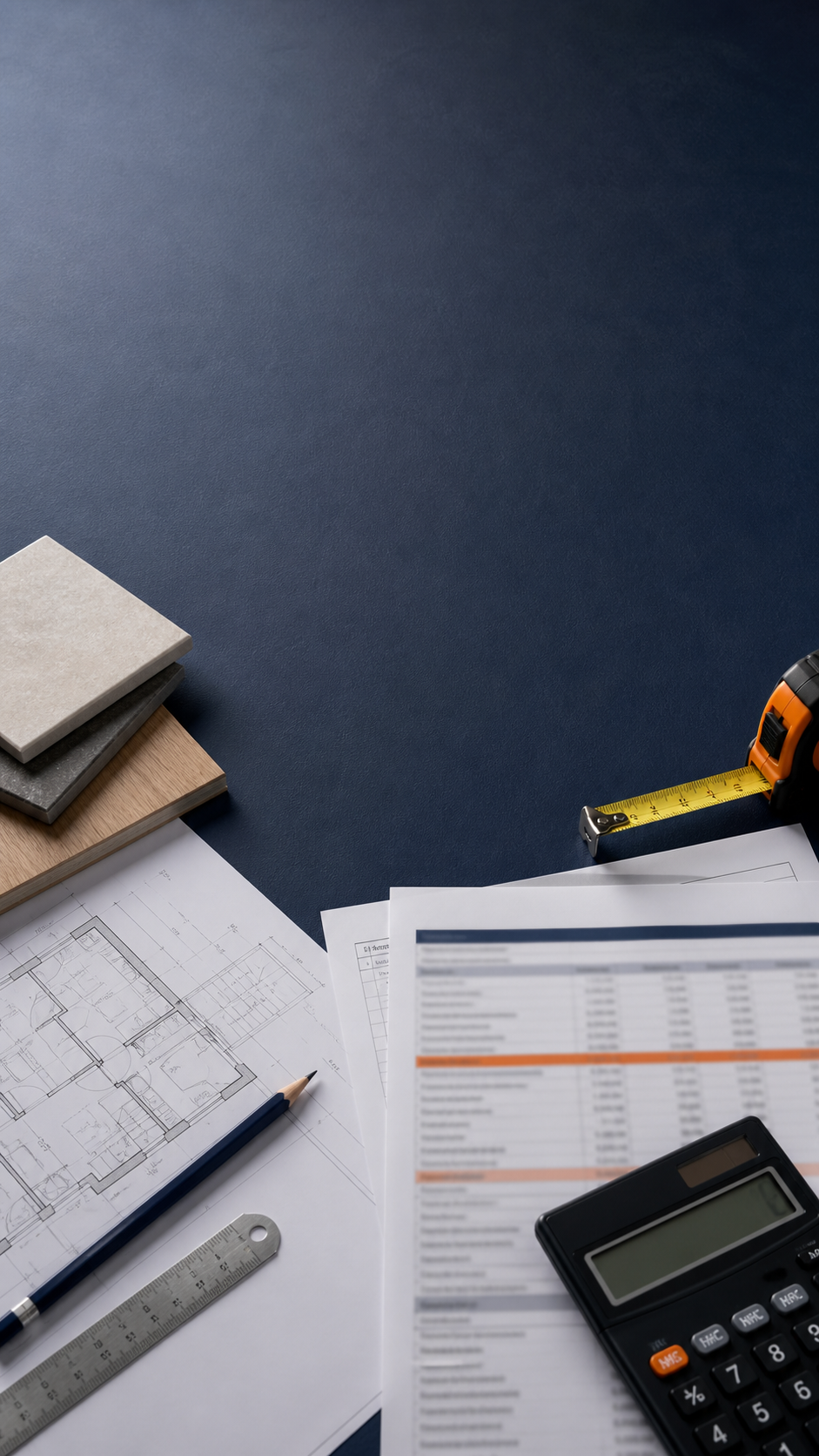Orçamento de obra, calculadora e planta sobre uma mesa